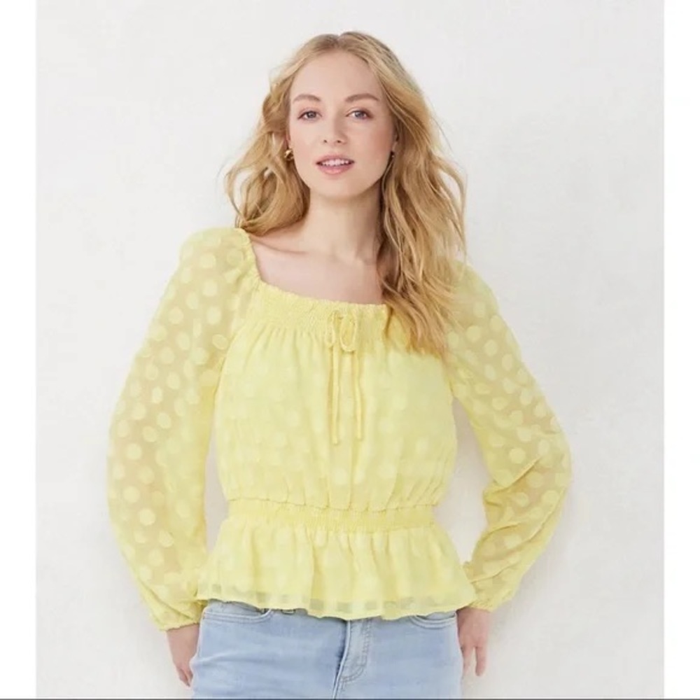 LC Lauren Conrad Light Yellow Smocked Squareneck Peplum Top Size Medium